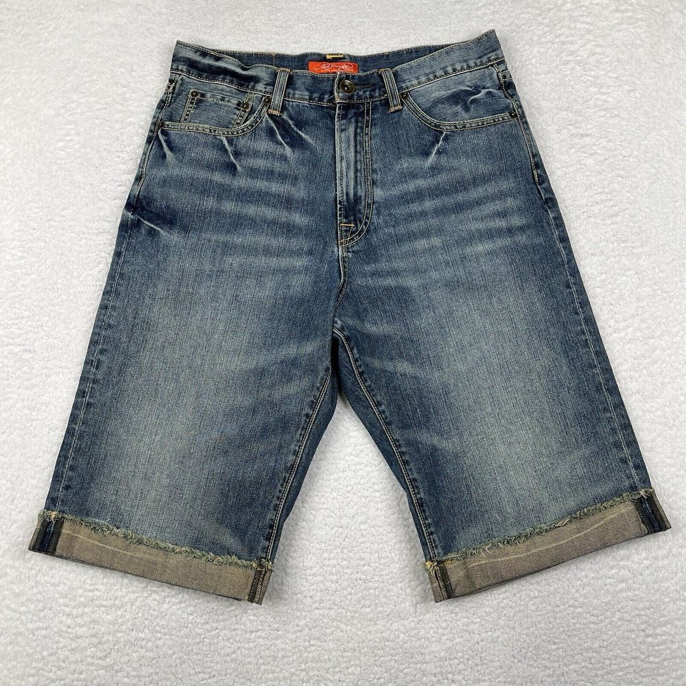 Ed Hardy Shorts Mens 32 Blue Wash Denim Cuffed Y2K Christian Audigier Cotton